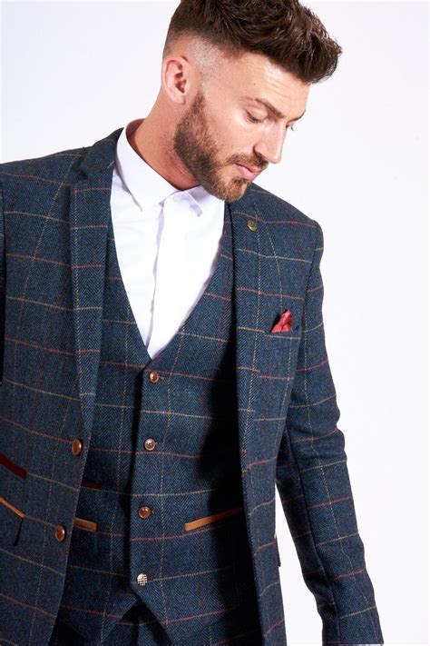 Eton Navy Blue Tweed Check Three Piece Suit Designer Suits For Men