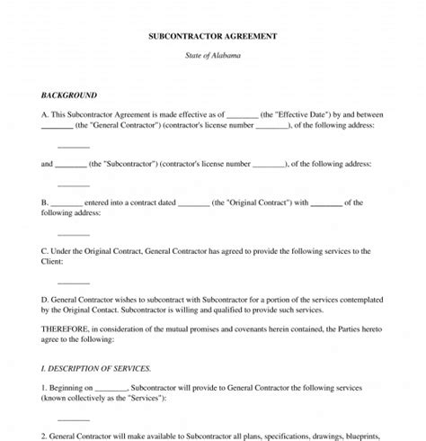 Subcontractor Agreement Free Sample Template