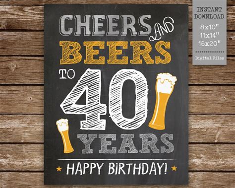 Cheers And Beers To 40 Years Printable Sign 40th Birthday Etsy Polska