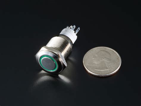 Rugged Metal Pushbutton With Green LED Ring 16mm Green Momentary ID