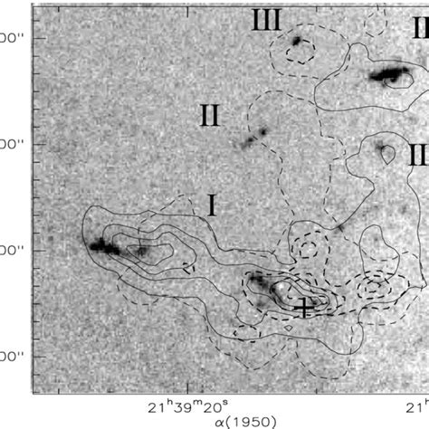 Continuum subtracted H2 2 12 µm image with superimposed the CO J 2