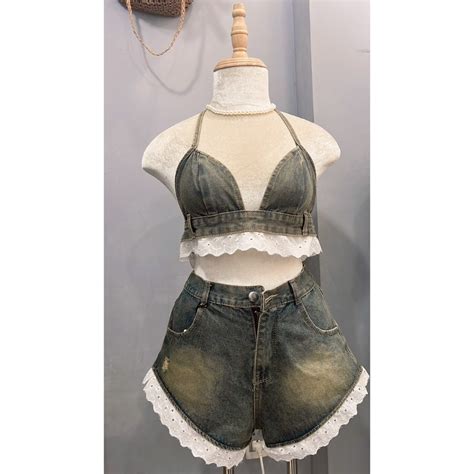 Set đi biển món áo cột nơ quần đùi chất jean phối jean set bikini denim hè phong cách hình