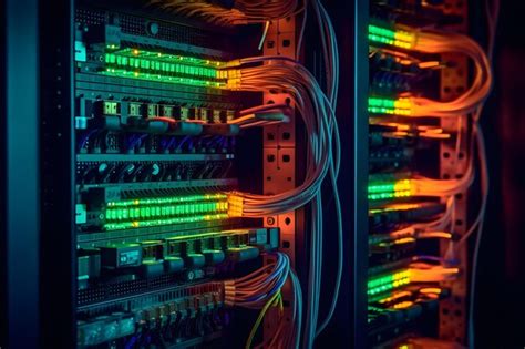 Cabos de fibra óptica conectados a portas ópticas no data center Foto