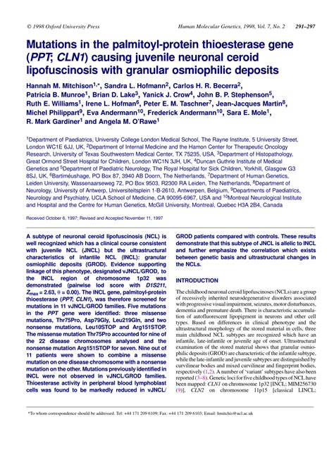 Pdf Mutations In The Palmitoyl Protein Thioesterase Gene Ppt Cln1