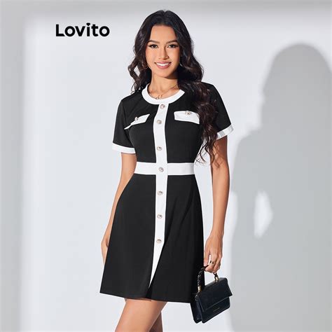 Lovito Elegante Vestido Feminino Simples Colorblock Botão Frontal