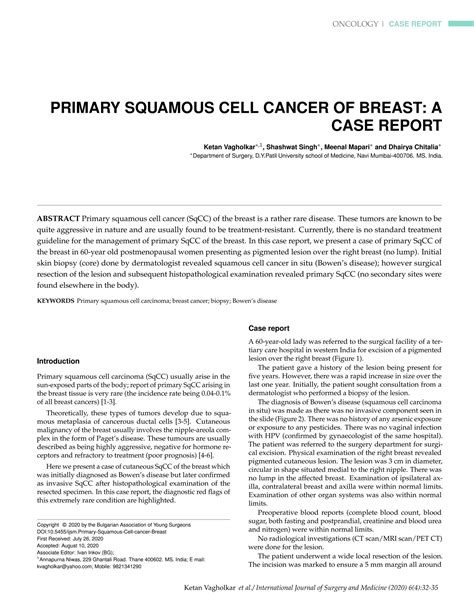 Primary Squamous Cell Cancer Of Breast A Case Report Pdf