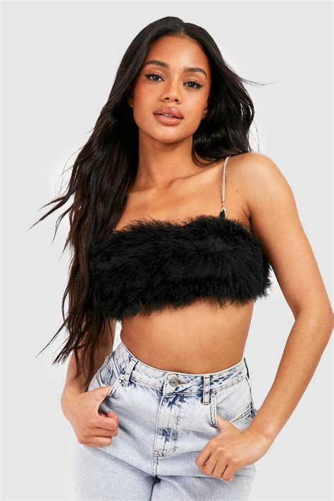 Rhinestone Strap Feather Crop Top Boohoo Usa