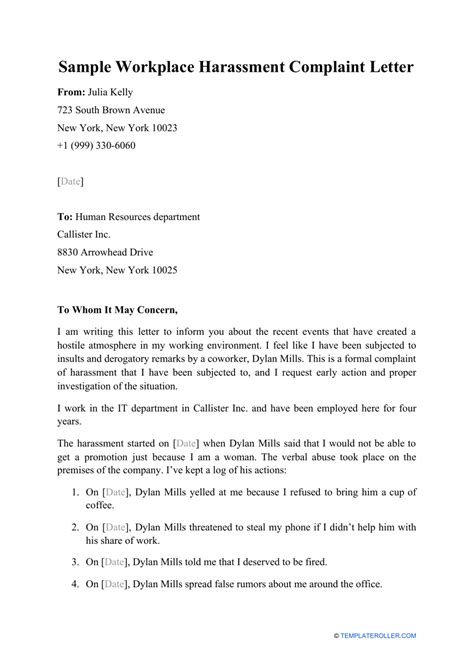 Sample Workplace Harassment Complaint Letter Download Printable Pdf Templateroller