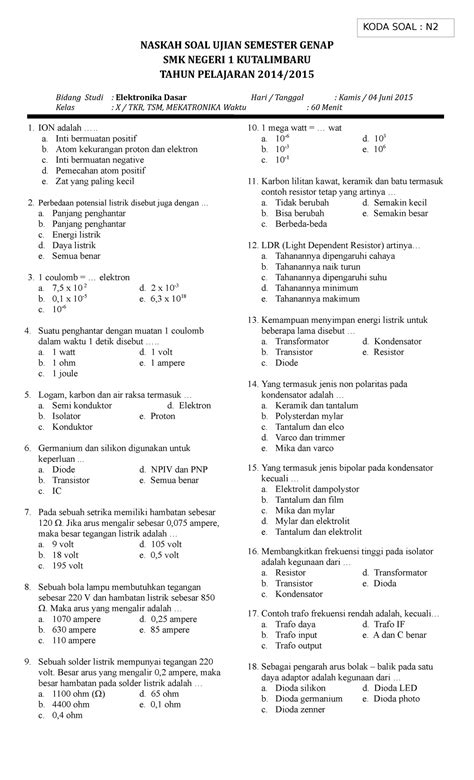 Naskah Soal Ujian Semester Genap Mulok Koda Soal N Naskah Soal