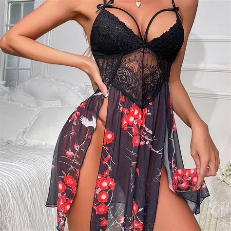 Women S Sleepwear Sexy Mesh Lingerie Deep V Lace Sleepwear Side Slit Long Slip Nightdress High