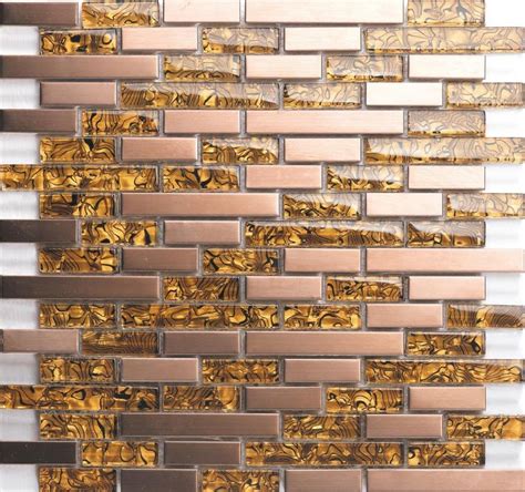 Sample Of Amber Glass And Brushed Copper Effect Stainless Steel Mosaic Tiles Mt0169 Glass