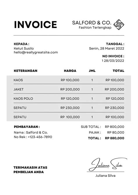 Contoh Invoice Pembayaran Dan Penjualan Yang Umum Digunakan Dalam