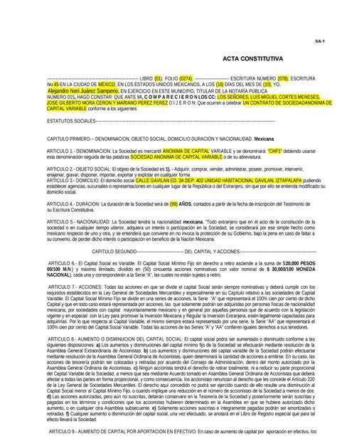 Acta Constitutiva Sa Acta Constitutiva Libro Folio