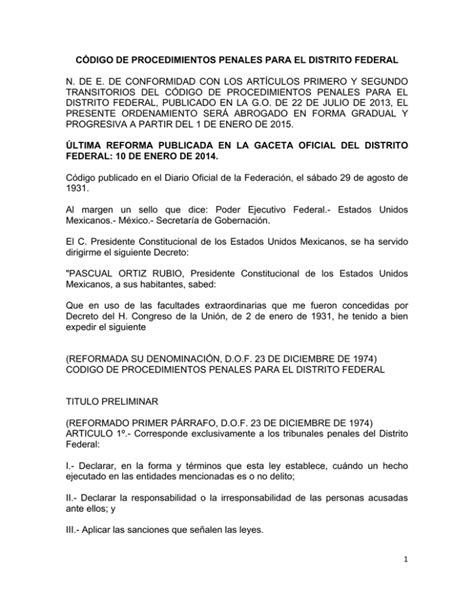 CÓDIGO DE PROCEDIMIENTOS PENALES PARA EL DISTRITO