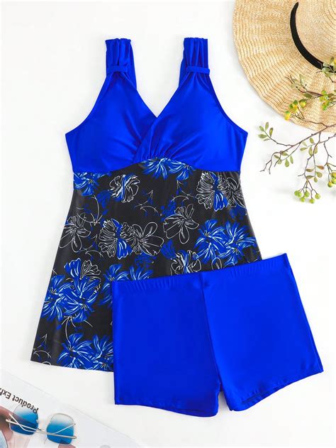 Shein Swim Classy Floral Print Tankini Set Ruched Tank Dress Shorts