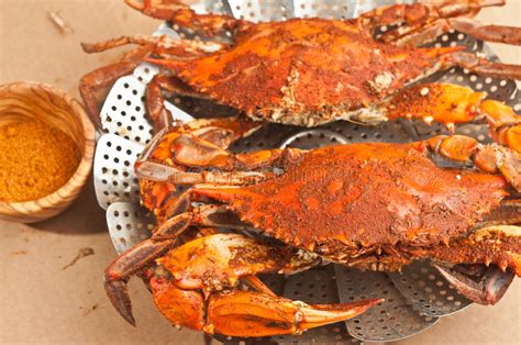 Colossal Steamed And Seasoned Chesapeake Blue Claw Crabs On A Brown Paper Table Cover Stock