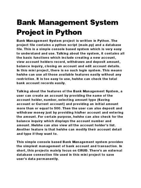 Bank Management System Project In Python Pdf Transaction Account