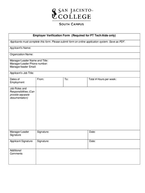 Fillable Online Employer Verification Form Required For PT Tech Aide