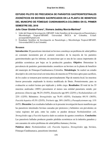 Pdf Estudio Piloto De Frecuencia De Par Sitos Gastrointestinales