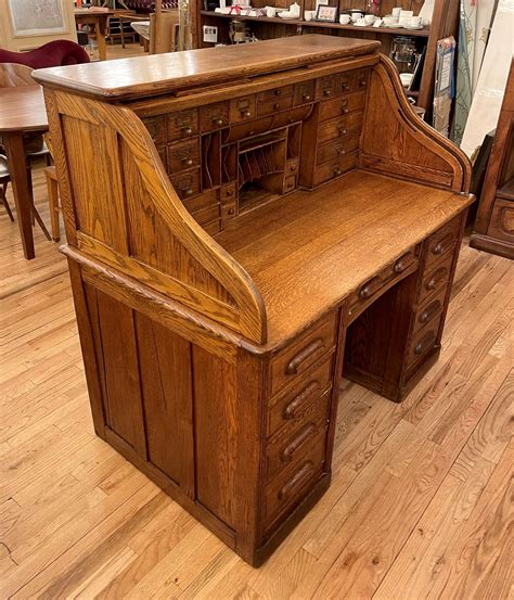 Antique Solid Oak Wood Roll Top Desk W Many Drawers For Sale At