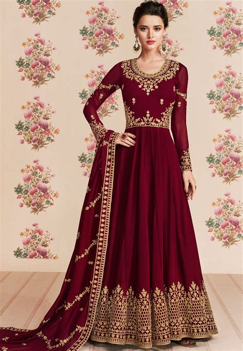 Maroon Georgette Embroidered Long Anarkali Suit