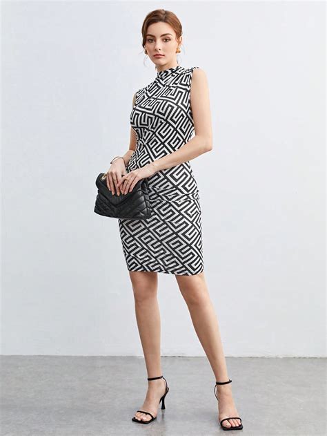 SHEIN BIZwear Allover Print Mock Neck Ruched Bodycon Dress Workwear