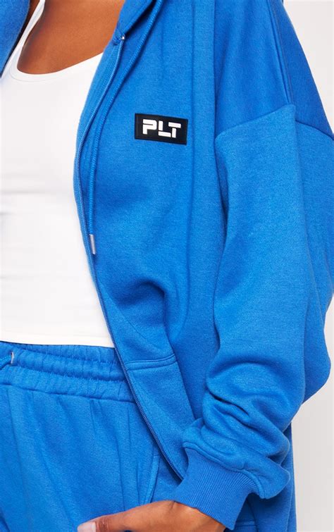 Plt Blue Badge Oversized Zip Up Hoodie Prettylittlething