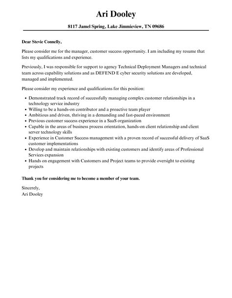 Manager Customer Success Cover Letter Velvet Jobs