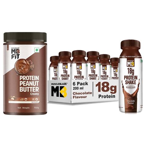 Muscleblaze 18g Protein Shake 6 Piece S Chocolate And High Protein Peanut Butter 750g Combo