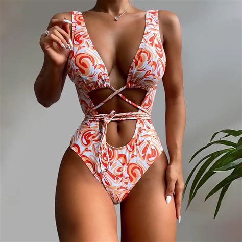 One Piece Swimwear Women Print Bikini High Waist Swimsuit Tube Filled Bra Swimwear Beachwear