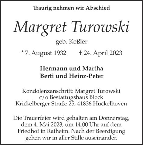 Traueranzeigen Von Margret Turowski Aachen Gedenkt