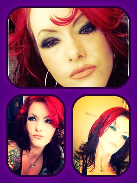 Three Pictures Of A Woman With Red Hair And Piercings On Her Ears One