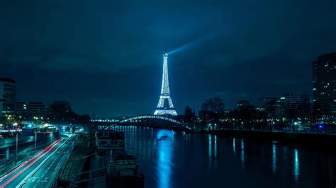 Paris Menara Eiffel Malam Seine Sungai Lanskap Kota Jalur Cahaya