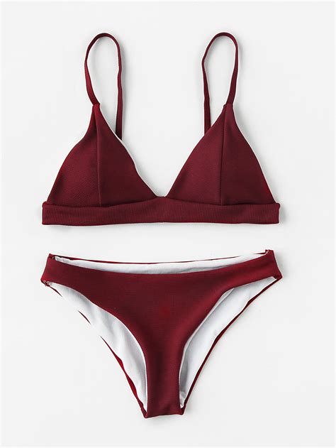 Seam Detail Plunge Triangle Top With Low Rise Bikini Set Shein Sheinside