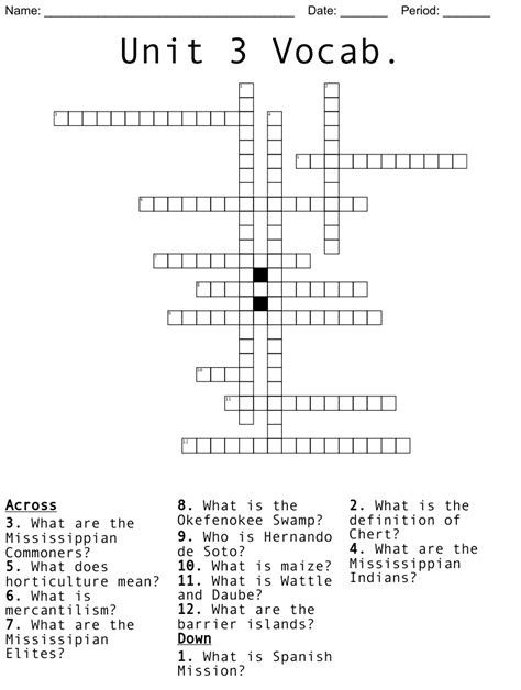 Unit 3 Vocab Crossword Wordmint