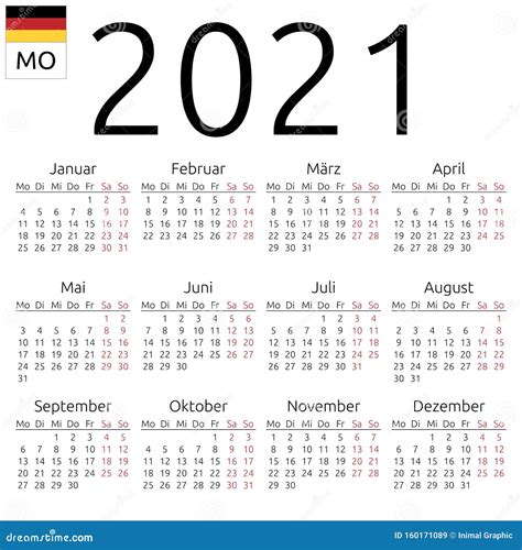 Календарь 2021, немецкий, понедельник Иллюстрация вектора - иллюстрации ...