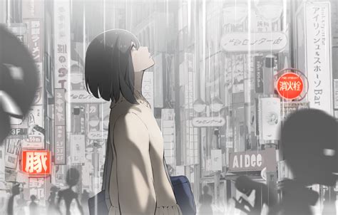 Alone Japan Street Anime Girls Anime City Sign Looking Up Dark Hair Rain Hoshizaki Reita