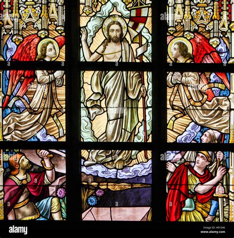 Stained Glass Window Depicting The Resurrection Of Jesus In The Church Of Alsemberg Belgium