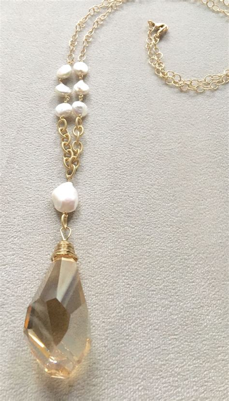 Long Pendant Swarovski Crystal Large Teardrop Gold Filled Necklace Gold