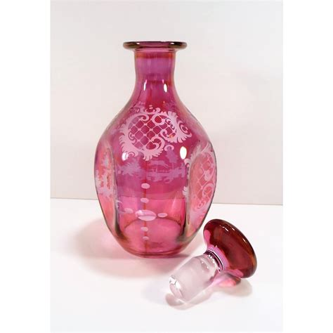 Vintage Bohemian Stag Castle And Cartouche Pink Flashed Cranberry Etched Glass Decanter