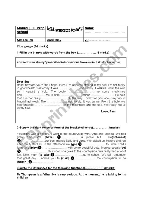 Mid Semester Test N2 ESL Worksheet By Sounty