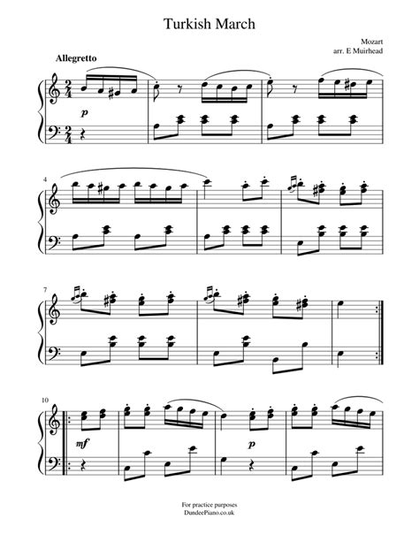 Turkish March Sheet Music For Piano Solo Easy