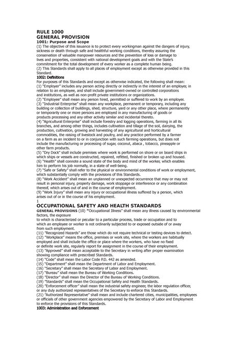 Osh 1 Osh Notes RULE 1000 GENERAL PROVISION 1001 Purpose And Scope