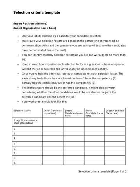 Selection Criteria Template Pdf