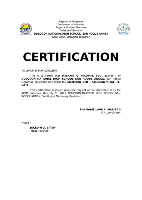 Cert For Ict Sample Only Republic Of Philippines Department Of