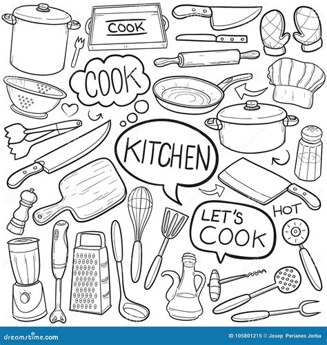 Kitchen Traditional Doodle Icons Sketch Hand Made Design Vector Stock