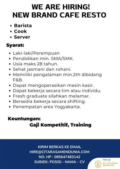 Lowongan Kerja Barista Cook Server Di PT Cita Rasa Mendunia