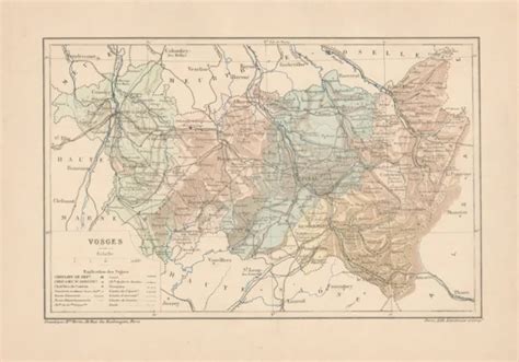 C9086 FRANCE VOSGES Cartina Geografica Antica 1892 Antique Map