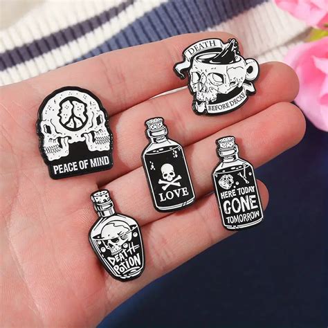 Punk Skeleton Enamel Pins Custom Black White Skull Potions Temu