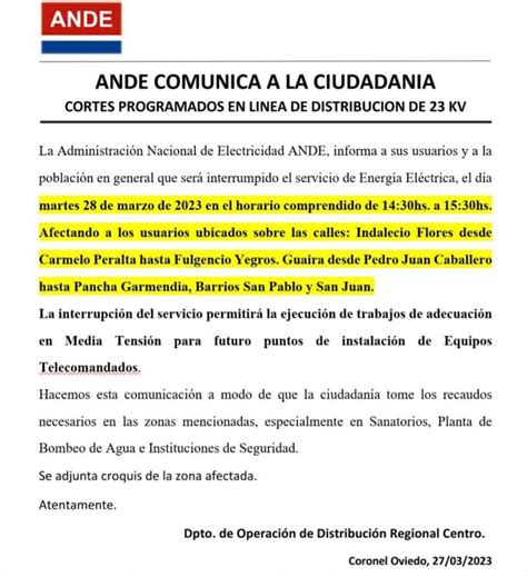 Ande Anuncia Cortes Programados En Varias Zonas Y Barrios De Coronel Oviedo Oviedopress